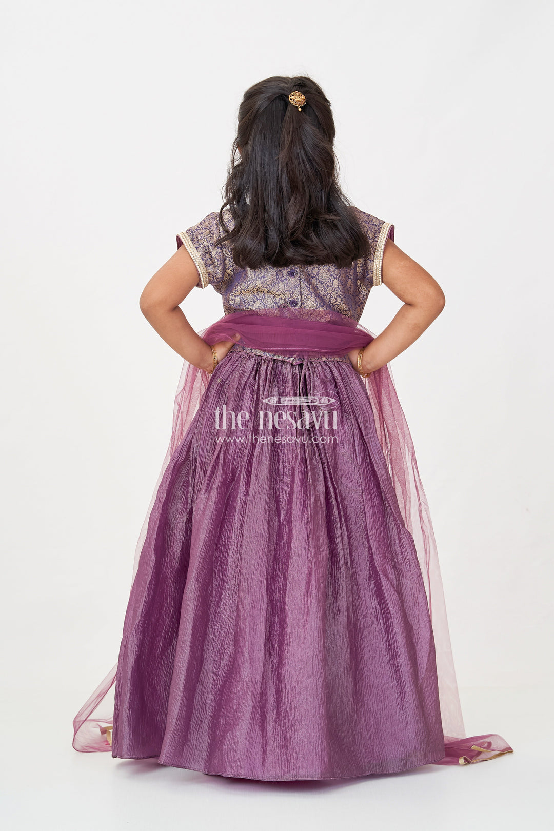 The Nesavu Girls Lehenga Choli Girls Contemporary Lehenga in Crush Tissue with Embellished Banarasi Kora Yoke and Tassel Accents Nesavu Nesavu Contemporary Girls Lehenga Crush Tissue Embellished Banarasi Kora Yoke Dupatta
