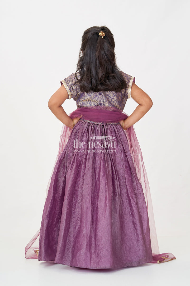 The Nesavu Girls Lehenga Choli Girls Contemporary Lehenga in Crush Tissue with Embellished Banarasi Kora Yoke and Tassel Accents Nesavu Nesavu Contemporary Girls Lehenga Crush Tissue Embellished Banarasi Kora Yoke Dupatta