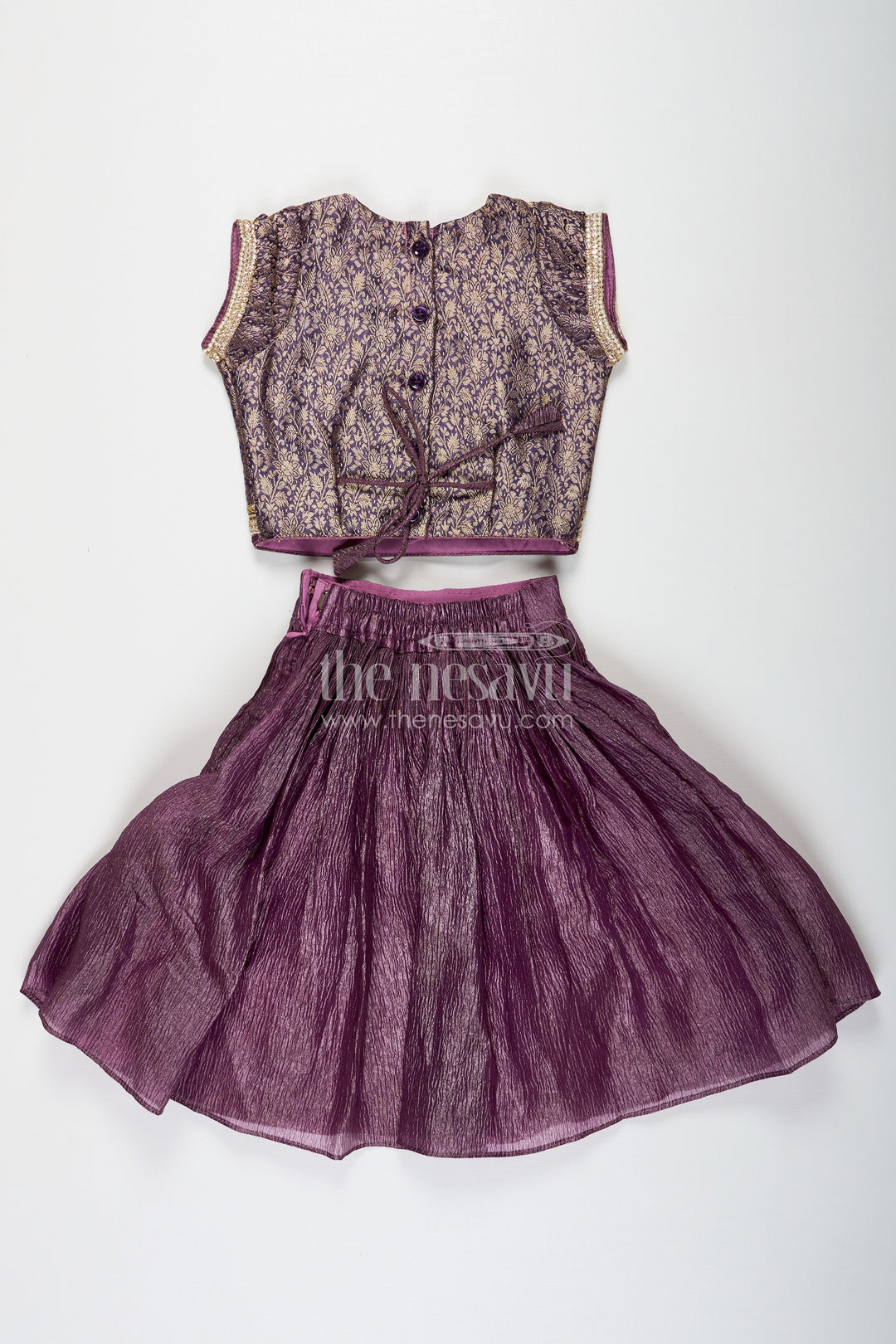 The Nesavu Girls Lehenga Choli Girls Contemporary Lehenga in Crush Tissue with Embellished Banarasi Kora Yoke and Tassel Accents Nesavu Nesavu Contemporary Girls Lehenga Crush Tissue Embellished Banarasi Kora Yoke Dupatta