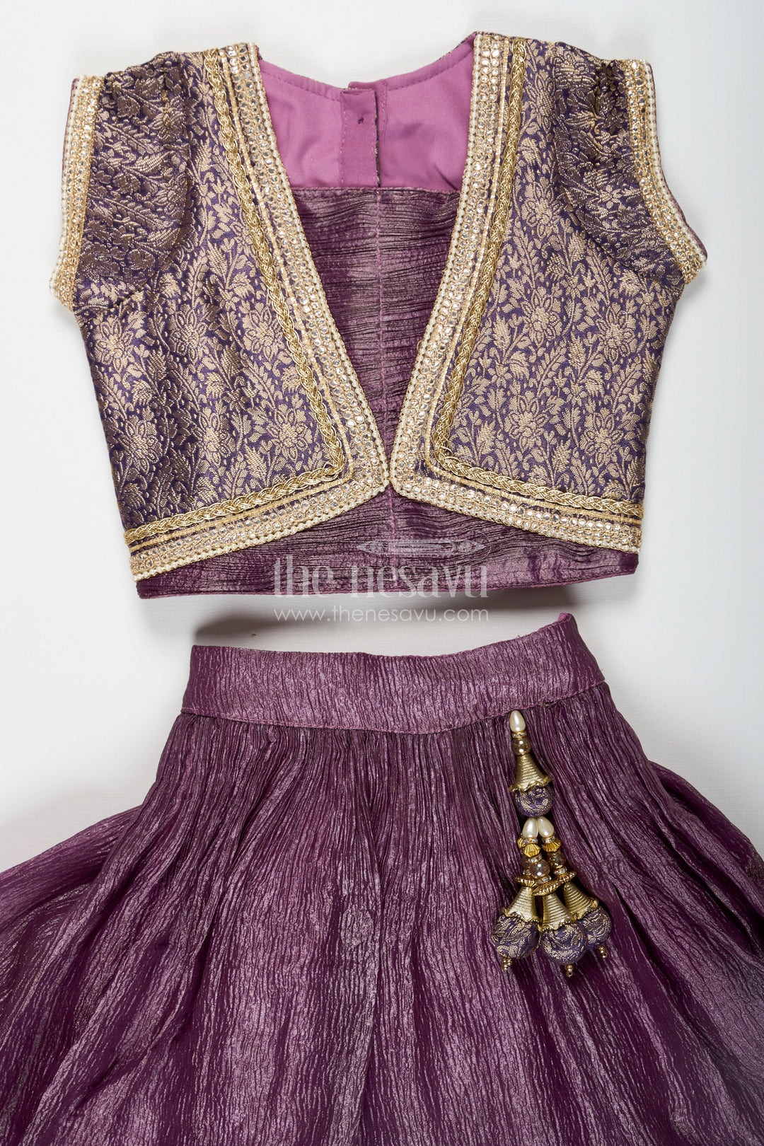 The Nesavu Girls Lehenga Choli Girls Contemporary Lehenga in Crush Tissue with Embellished Banarasi Kora Yoke and Tassel Accents Nesavu Nesavu Contemporary Girls Lehenga Crush Tissue Embellished Banarasi Kora Yoke Dupatta
