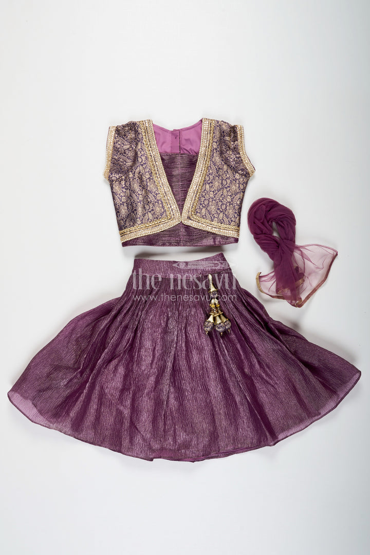The Nesavu Girls Lehenga Choli Girls Contemporary Lehenga in Crush Tissue with Embellished Banarasi Kora Yoke and Tassel Accents Nesavu Nesavu Contemporary Girls Lehenga Crush Tissue Embellished Banarasi Kora Yoke Dupatta