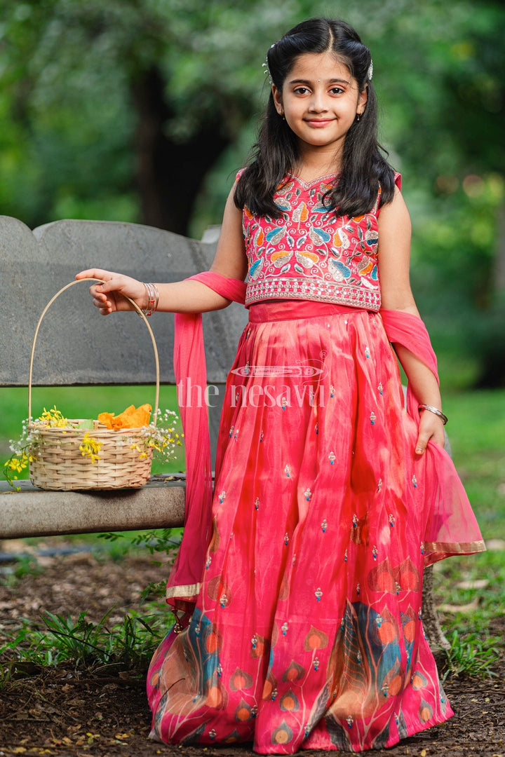 The Nesavu Girls Lehenga Choli Girls Coral Embroidered Lehenga Choli Set with Leaf Motif and Pleated Skirt Nesavu 24 (5Y) / Red GL493A-24 Nesavu Coral Girls Lehenga Choli Set Embroidered Bodice Pleated Skirt Weddings