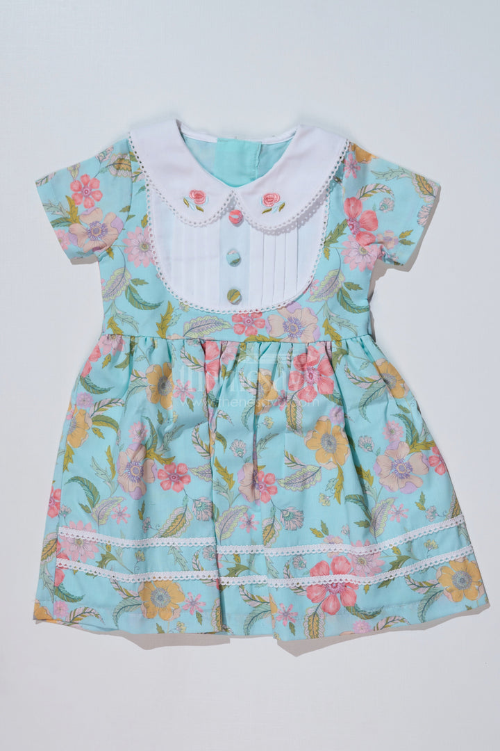 The Nesavu Girls Cotton Frock Girls Cotton Blend Casual Dresses with Floral Prints and Peter Pan Collar for Everyday Comfort Nesavu 20 (3Y) / Green GFC1626B-20 Nesavu Girls Cotton Blend Casual Dress Floral Prints Peter Pan Collar Everyday Wear