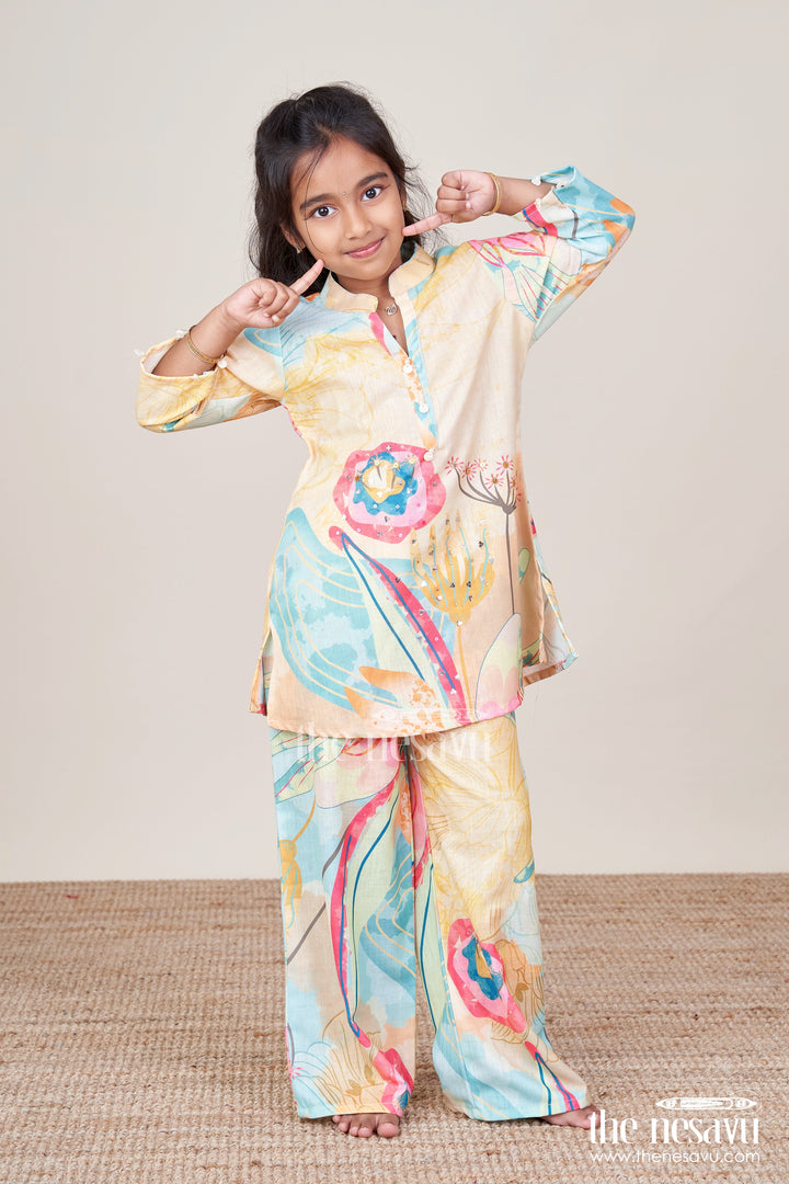 The Nesavu Girls Casual Set Girls Cotton Casual Set for Outings and Everyday Wear Nesavu 24 (5Y) / Yellow GPS664A-24 Nesavu girls cotton casual set digital prints everyday outings school ethnic wear