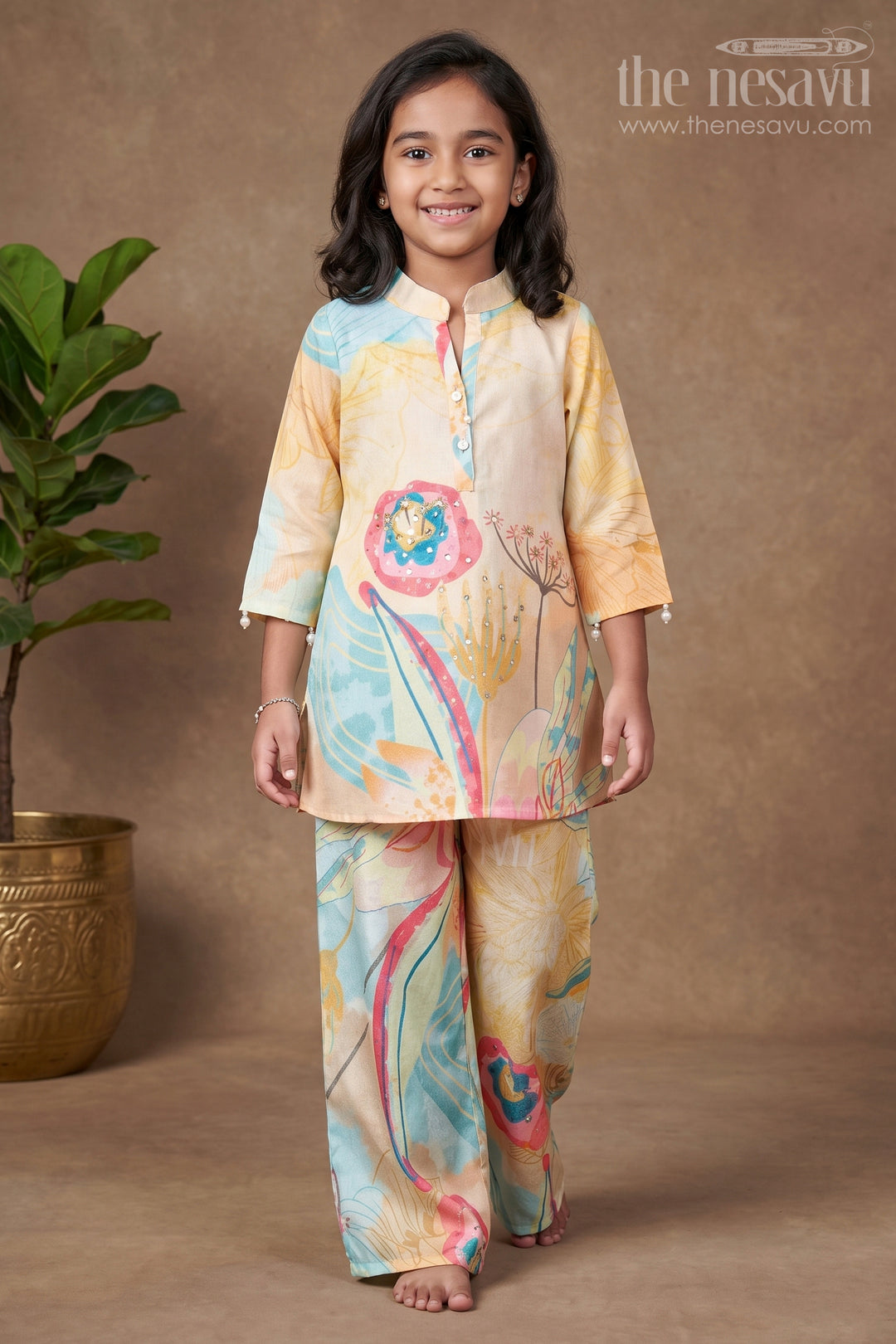 The Nesavu Girls Casual Set Girls Cotton Casual Set for Outings and Everyday Wear Nesavu 24 (5Y) / Yellow GPS664A-24 Nesavu girls cotton casual set digital prints everyday outings school ethnic wear