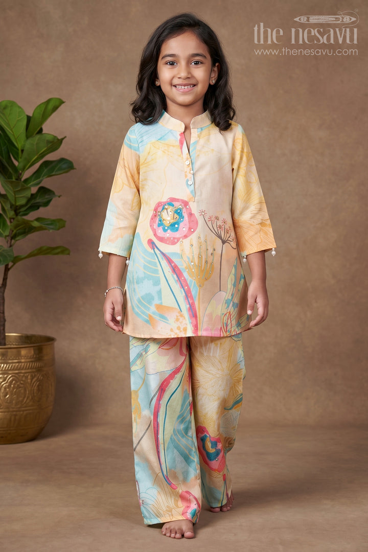 The Nesavu Girls Casual Set Girls Cotton Casual Set for Outings and Everyday Wear Nesavu 24 (5Y) / Yellow GPS664A-24 Nesavu girls cotton casual set digital prints everyday outings school ethnic wear