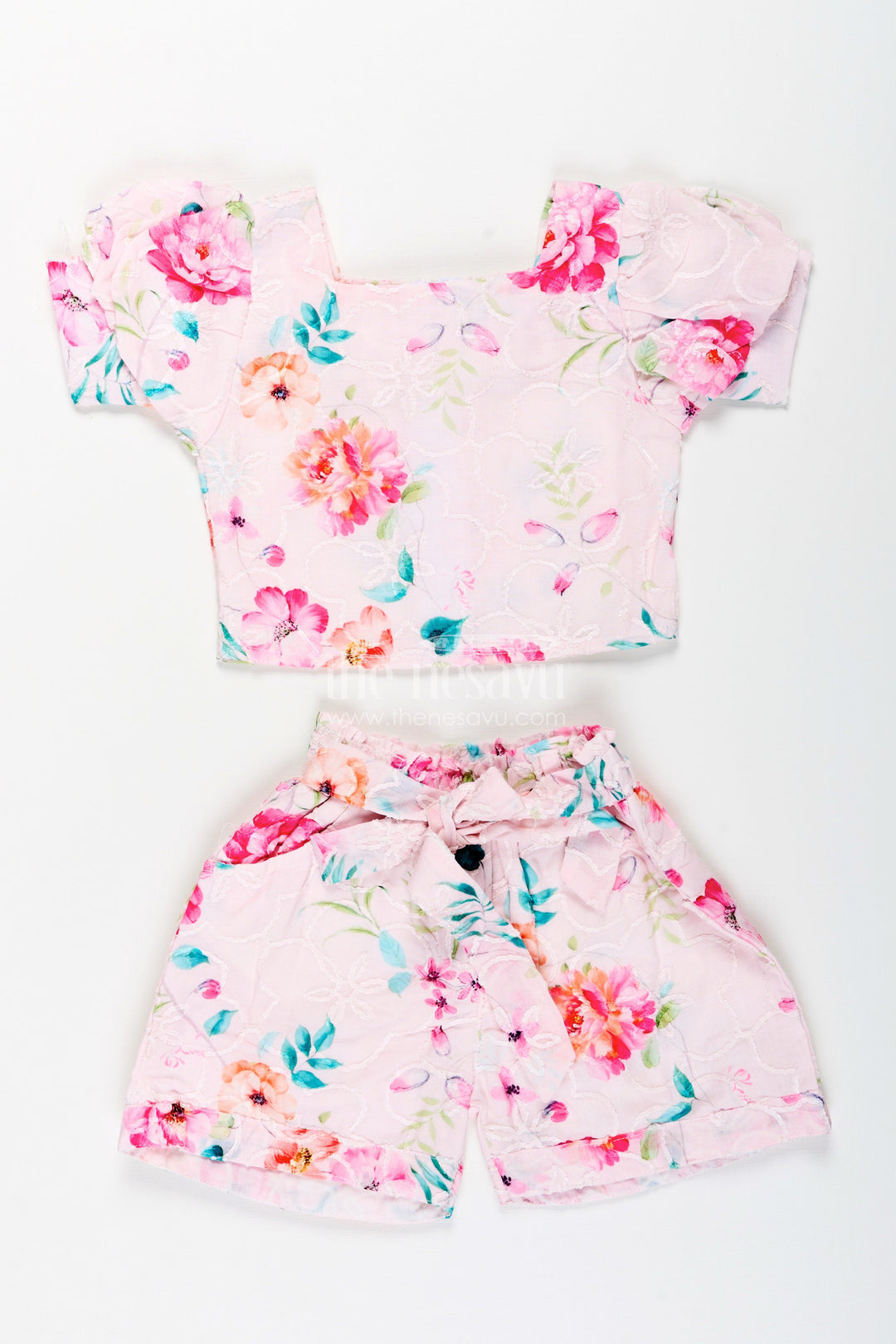 The Nesavu Girls Casual Set Girls Cotton Casual Set with Chikankari Embroidery for Summer Outings Nesavu 16 (1Y) / Pink GPS813A-16 Nesavu girls cotton casual set floral chikankari embroidery summer playdates