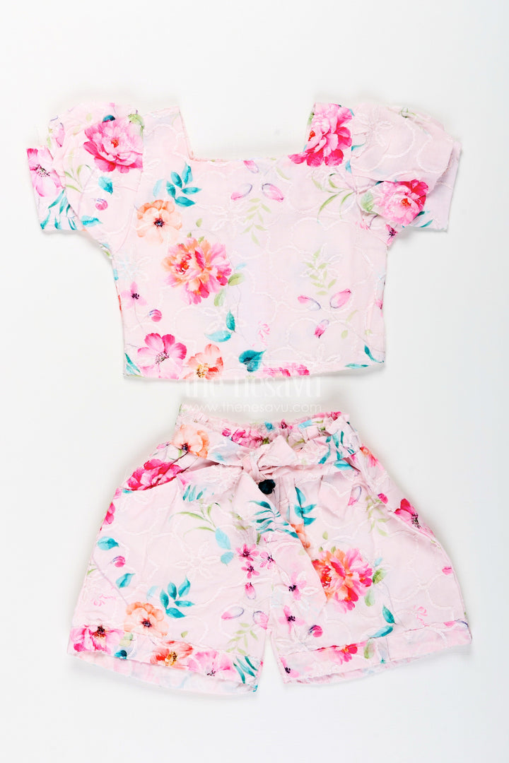 The Nesavu Girls Casual Set Girls Cotton Casual Set with Chikankari Embroidery for Summer Outings Nesavu 16 (1Y) / Pink GPS813A-16 Nesavu girls cotton casual set floral chikankari embroidery summer playdates