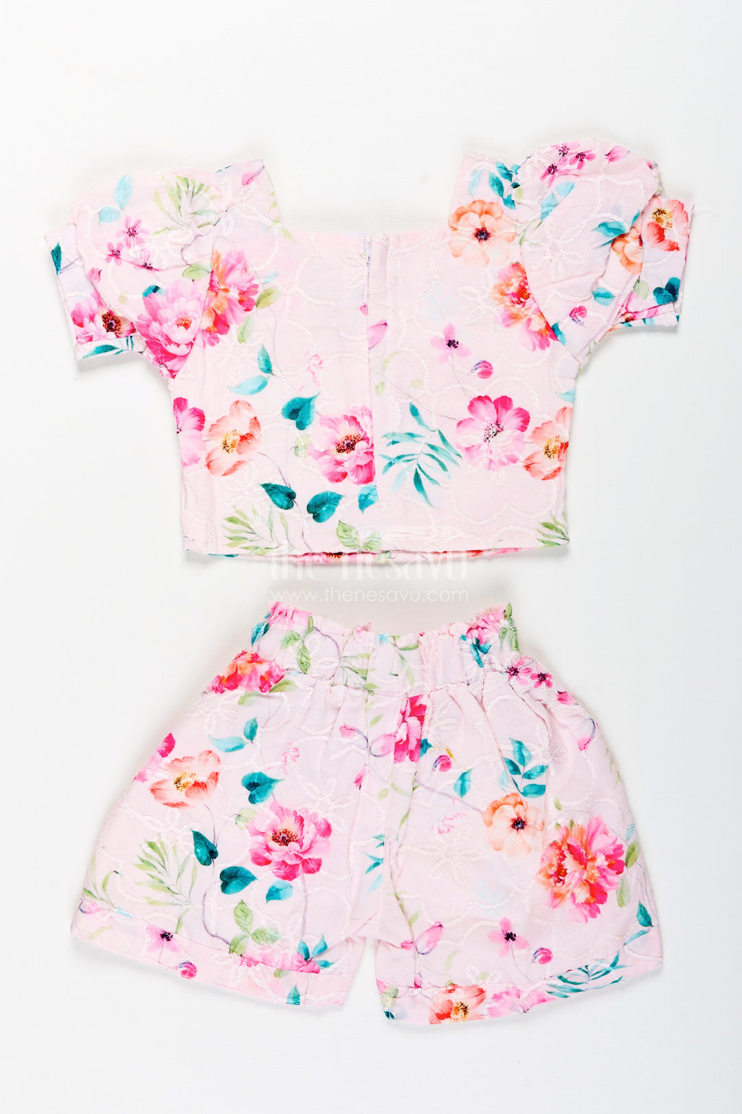 The Nesavu Girls Casual Set Girls Cotton Casual Set with Chikankari Embroidery for Summer Outings Nesavu Nesavu girls cotton casual set floral chikankari embroidery summer playdates