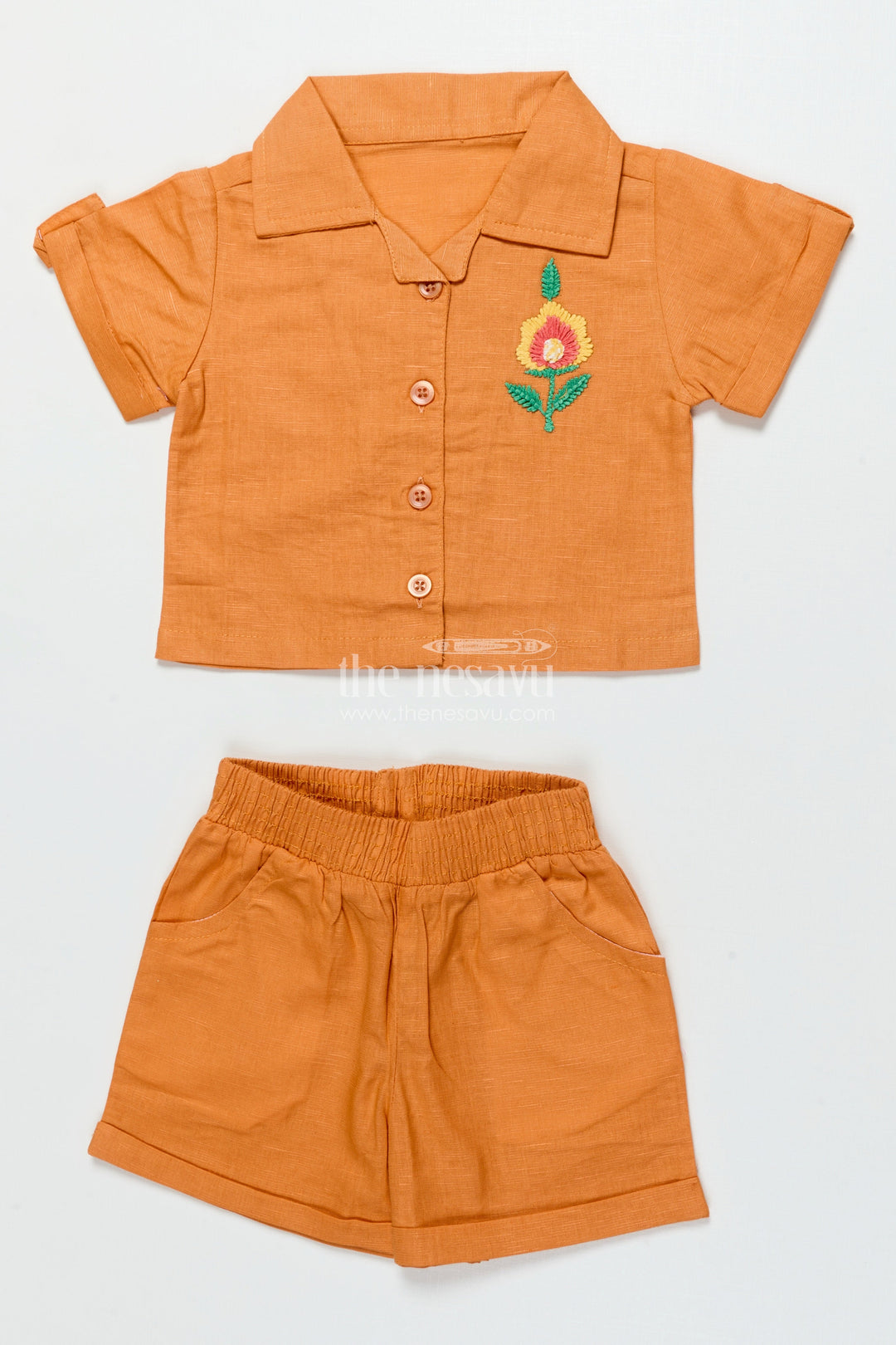 The Nesavu Girls Casual Set Girls Cotton Casual Set with Collared Top and Shorts for Everyday Wear Nesavu 18 (2Y) / Orange GPS799A-18 Nesavu girls cotton casual top shorts set comfy smart everyday outfit outings travel