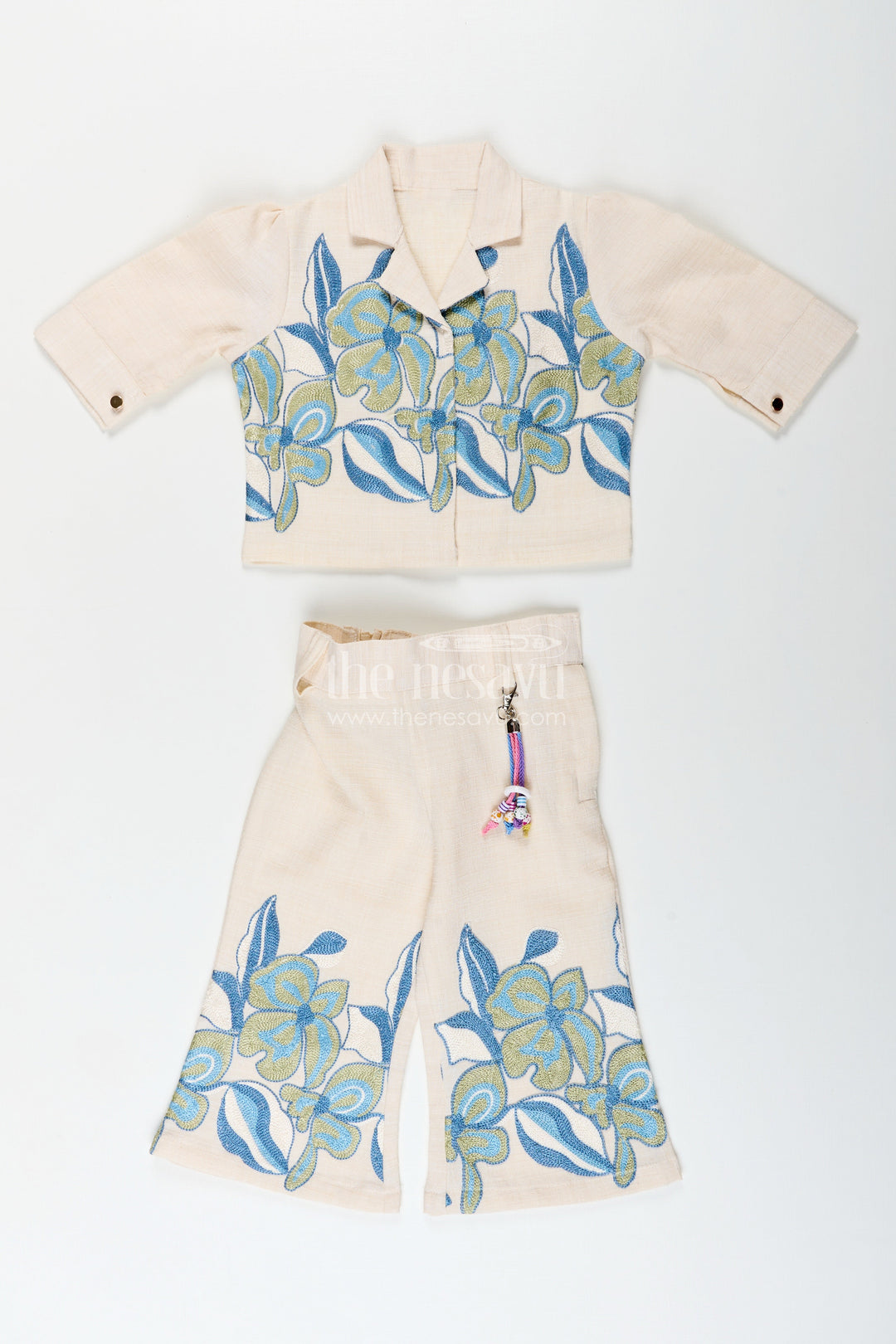 The Nesavu Girls Casual Set Girls cotton casual set with floral thread embroidery and pant breezy everyday wear Nesavu 18 (2Y) / Blue GPS858A-18 Girls embroidered cotton casual set pant  Nesavu breezy everyday wear