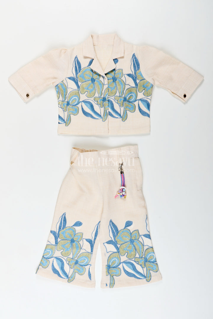 The Nesavu Girls Casual Set Girls cotton casual set with floral thread embroidery and pant breezy everyday wear Nesavu 18 (2Y) / Blue GPS858A-18 Girls embroidered cotton casual set pant  Nesavu breezy everyday wear