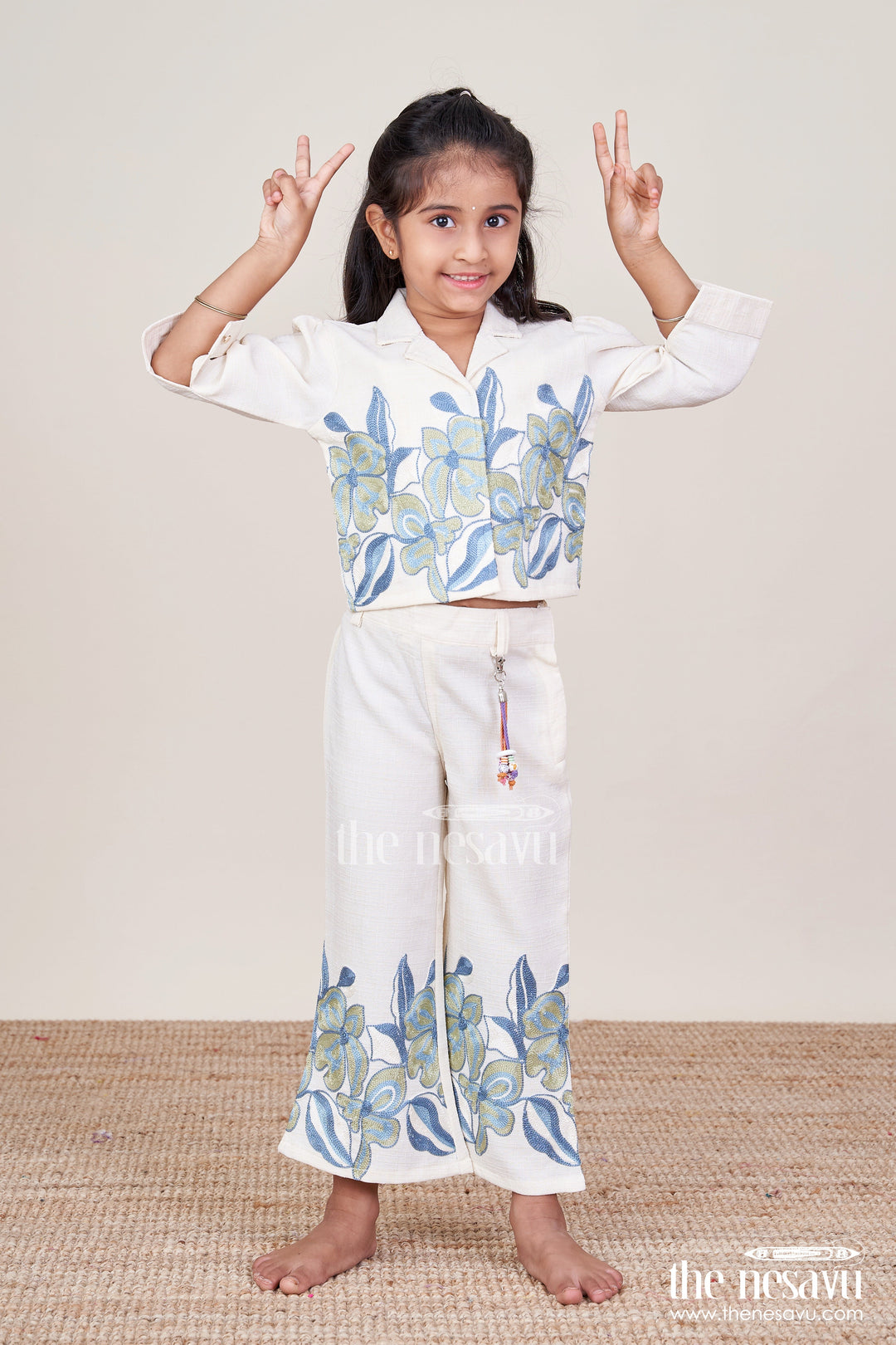 The Nesavu Girls Casual Set Girls Cotton Casual Set with Floral Thread Embroidery and Pant Breezy Everyday Wear Nesavu 18 (2Y) / Blue GPS858A-18 Girls embroidered cotton casual set pant  Nesavu breezy everyday wear