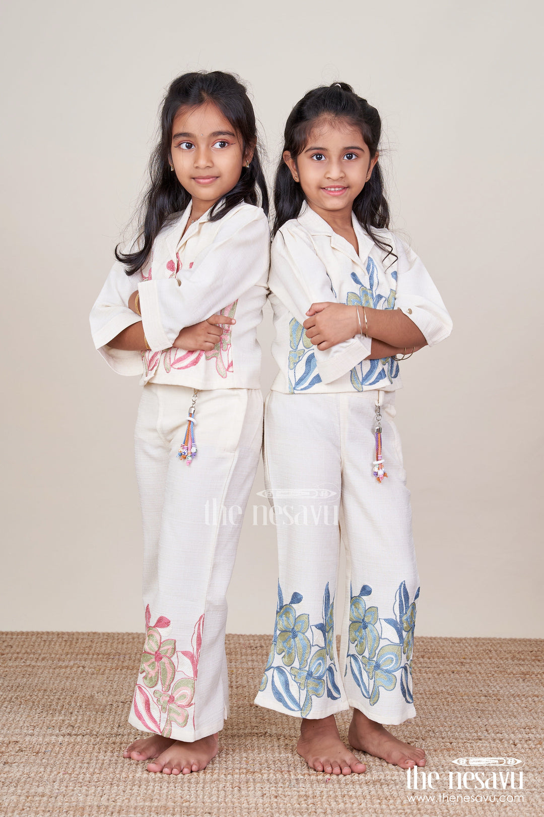 The Nesavu Girls Casual Set Girls Cotton Casual Set with Floral Thread Embroidery and Pant Breezy Everyday Wear Nesavu Girls embroidered cotton casual set pant  Nesavu breezy everyday wear