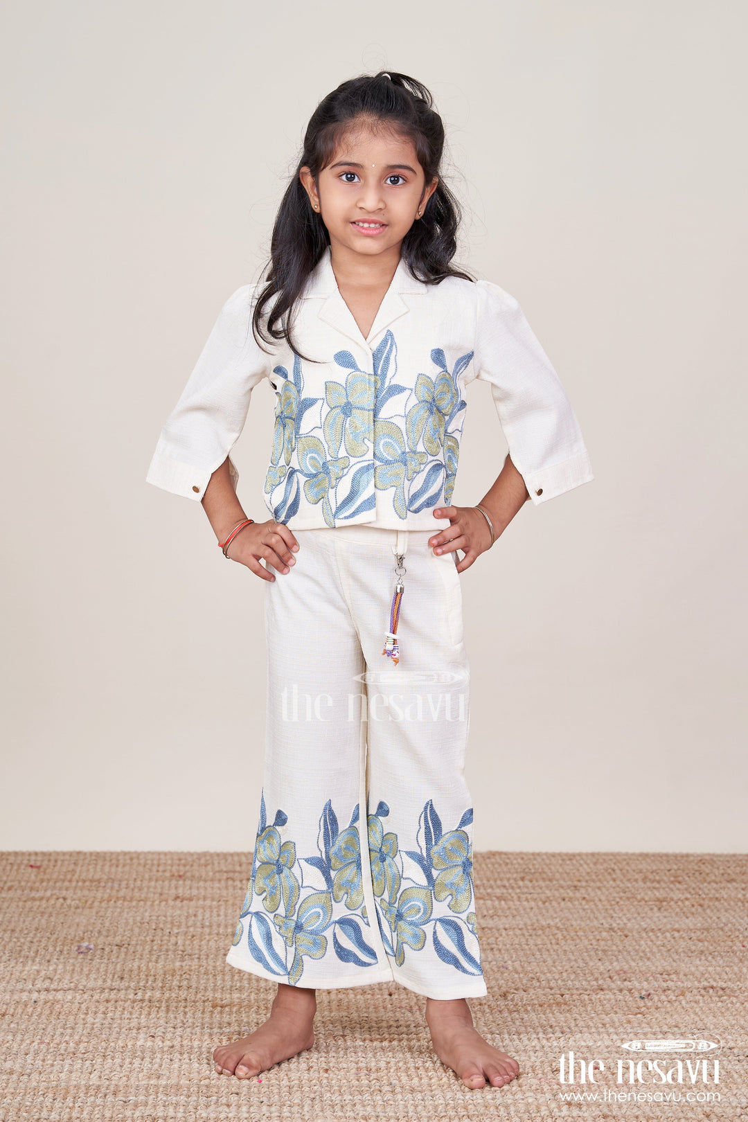 The Nesavu Girls Casual Set Girls Cotton Casual Set with Floral Thread Embroidery and Pant Breezy Everyday Wear Nesavu Girls embroidered cotton casual set pant  Nesavu breezy everyday wear
