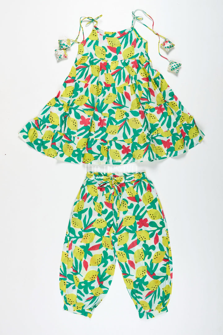 The Nesavu Girls Casual Set Girls Cotton Casual Set with Lemon Print for Summer Fun Nesavu 24 (5Y) / Green GPS710A-24 Nesavu Girls Lemon Print Cotton Casual Set Halter Top Comfy Pants Summer Outings