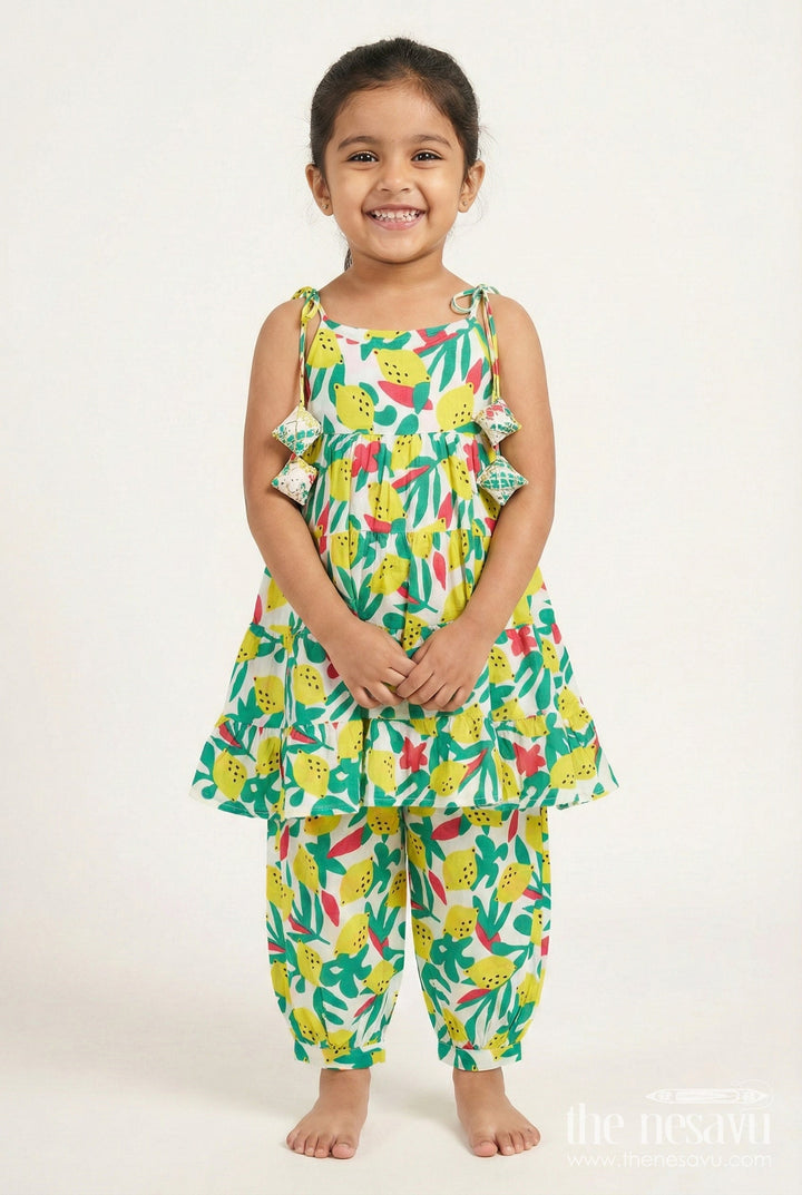 The Nesavu Girls Casual Set Girls Cotton Casual Set with Lemon Print for Summer Fun Nesavu 24 (5Y) / Green GPS710A-24 Nesavu Girls Lemon Print Cotton Casual Set Halter Top Comfy Pants Summer Outings