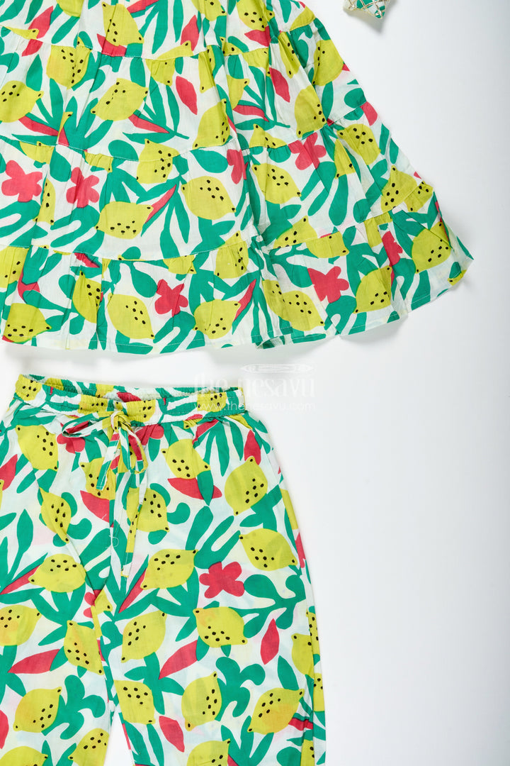 The Nesavu Girls Casual Set Girls Cotton Casual Set with Lemon Print for Summer Fun Nesavu Nesavu Girls Lemon Print Cotton Casual Set Halter Top Comfy Pants Summer Outings