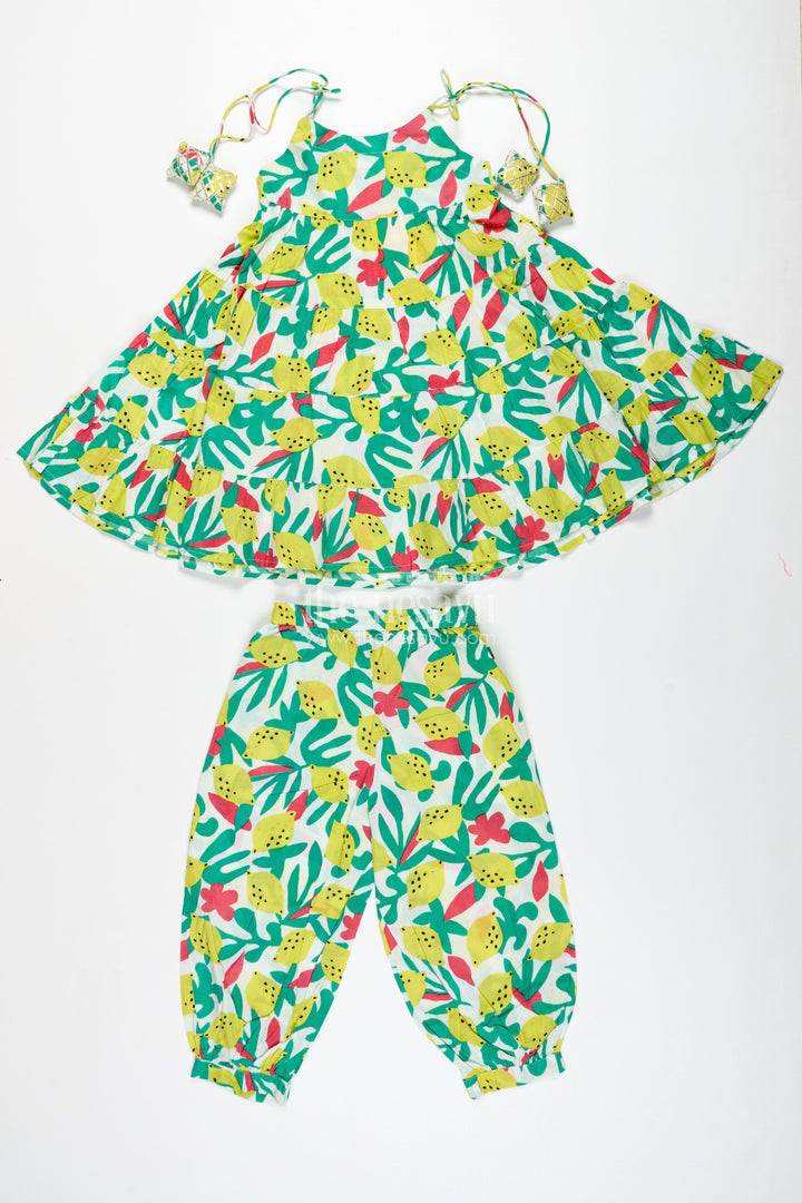 The Nesavu Girls Casual Set Girls Cotton Casual Set with Lemon Print for Summer Fun Nesavu Nesavu Girls Lemon Print Cotton Casual Set Halter Top Comfy Pants Summer Outings