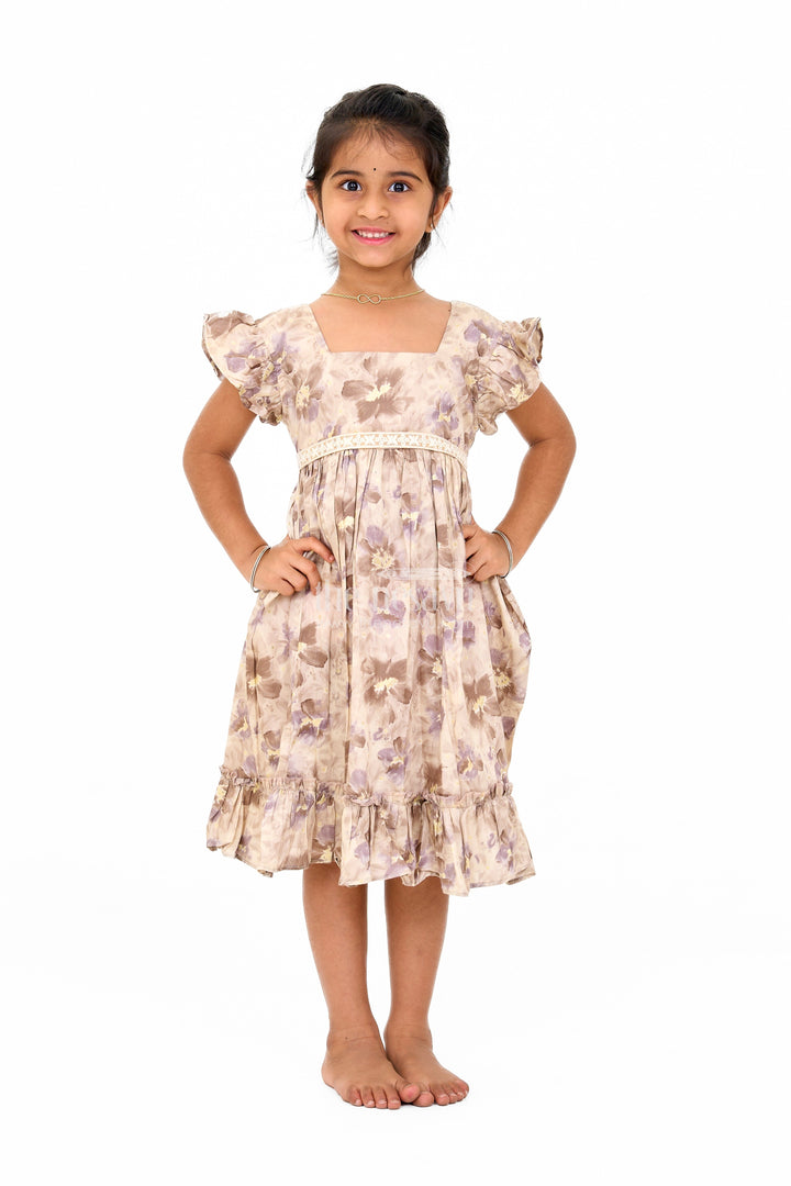The Nesavu Girls Cotton Frock Girls Cotton Casual Summer Dress with Floral Prints and Ruffled Hem Nesavu 16 (1Y) / Gray GFC1579A-16 Girls Cotton Casual Summer Dress Floral Prints Ruffled Hem | The Nesavu