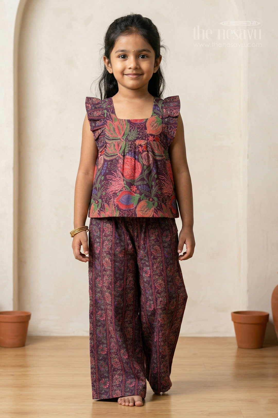 The Nesavu Girls Co-Ord Sets Girls Cotton Co-ord Set for Casual Outings and Holiday Wear Nesavu 16 (1Y) / Maroon GPS926A-16 Nesavu girls cotton co-ord set with digital print for casual holidays and traditional daywear