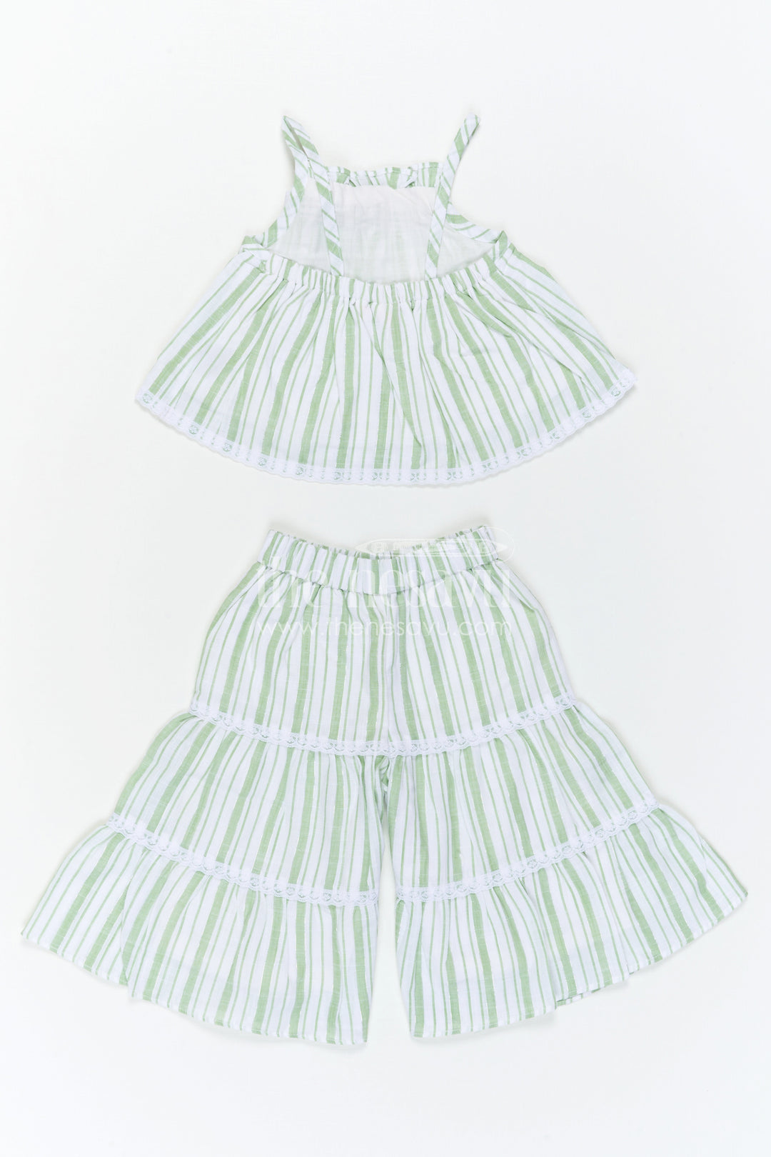 The Nesavu Girls Co-Ord Sets Girls Cotton Co Ord Set for Casual Wear and Summer Comfort Nesavu Nesavu Girls Green Cotton Co Ord Set With Striped Design For Casual Wear And Breathable Summer Comfort