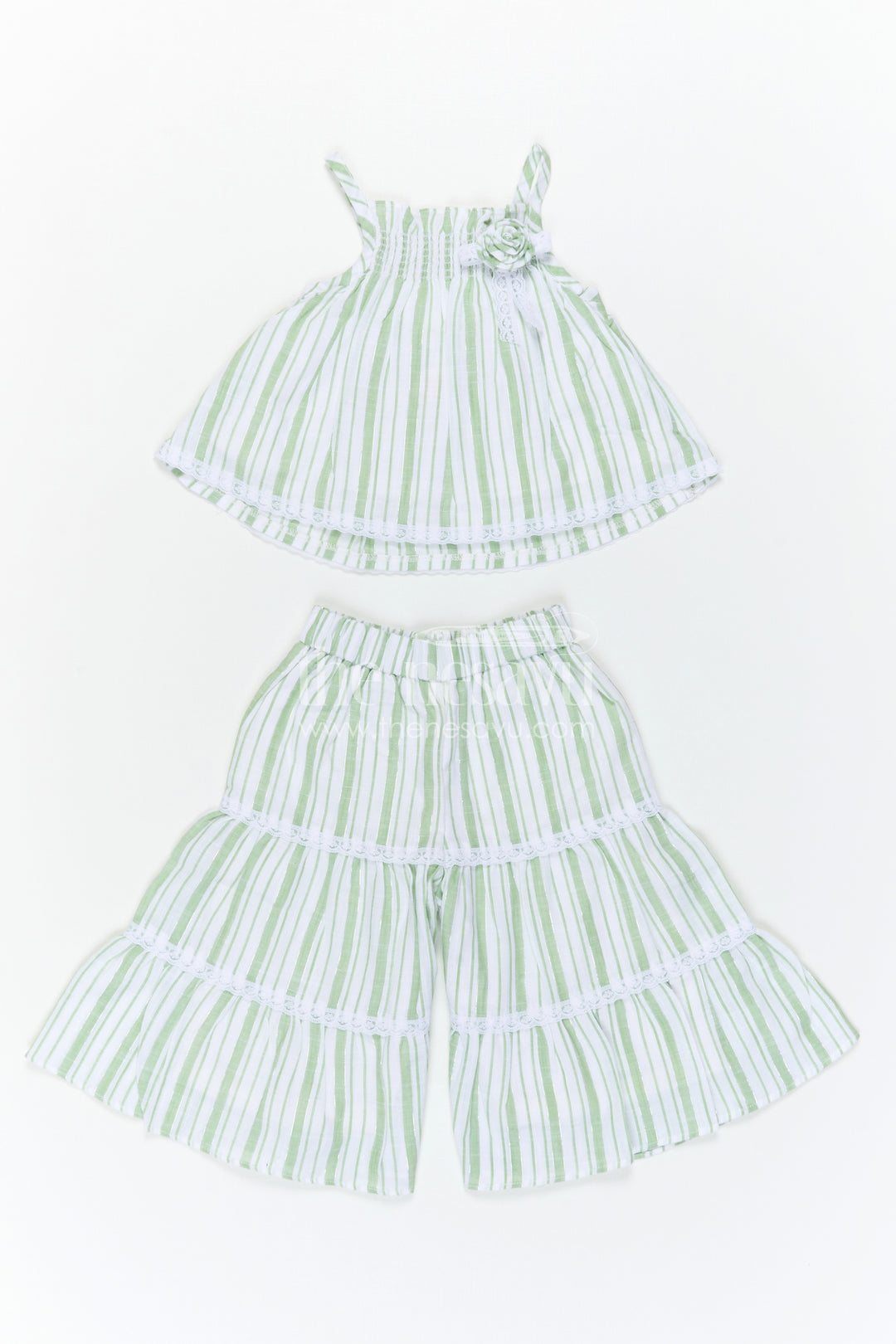 The Nesavu Girls Co-Ord Sets Girls Cotton Co Ord Set for Casual Wear and Summer Comfort Nesavu Nesavu Girls Green Cotton Co Ord Set With Striped Design For Casual Wear And Breathable Summer Comfort