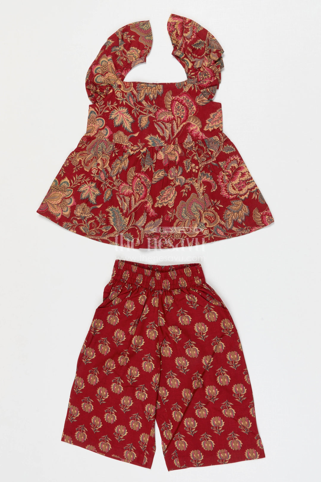 The Nesavu Girls Co-Ord Sets Girls Cotton Co Ord Set for Festive Casual and Outings Nesavu 16 (1Y) / Maroon / Cotton GCS004A-16 Nesavu Girls Cotton Co Ord Set With Digital Print For Festive Casual Outings And Celebrations