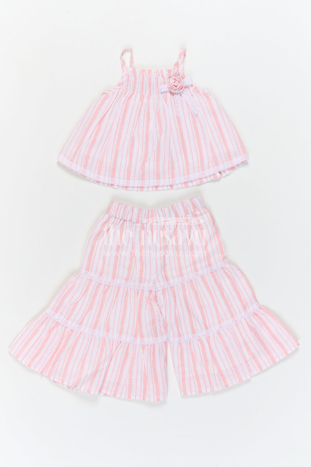 The Nesavu Girls Co-Ord Sets Girls Cotton Co Ord Set for Summer Outings and Casual Type Wears Nesavu Nesavu Girls Cotton Co Ord Set With Striped Design In Pink For Summer Outings And Casual Wear