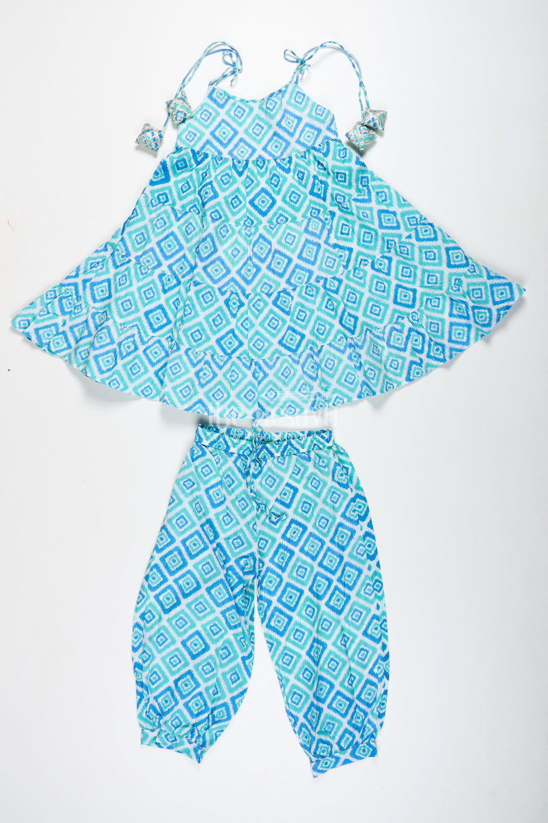 The Nesavu Girls Casual Set Girls Cotton Co-Ord Set with Blue Ikat Print for Everyday Wear Nesavu 24 (5Y) / Blue GPS711A-24 Nesavu Girls Cotton Casual Set Blue Ikat Print Halter Top Summer Fun