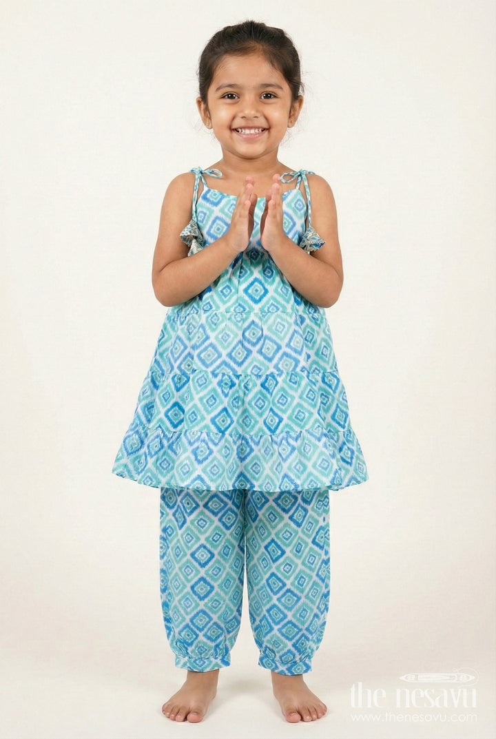 The Nesavu Girls Casual Set Girls Cotton Co-Ord Set with Blue Ikat Print for Everyday Wear Nesavu 24 (5Y) / Blue GPS711A-24 Nesavu Girls Cotton Casual Set Blue Ikat Print Halter Top Summer Fun