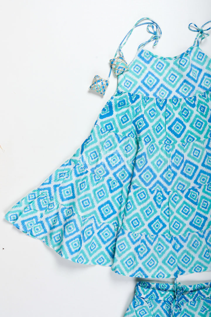 The Nesavu Girls Casual Set Girls Cotton Co-Ord Set with Blue Ikat Print for Everyday Wear Nesavu Nesavu Girls Cotton Casual Set Blue Ikat Print Halter Top Summer Fun