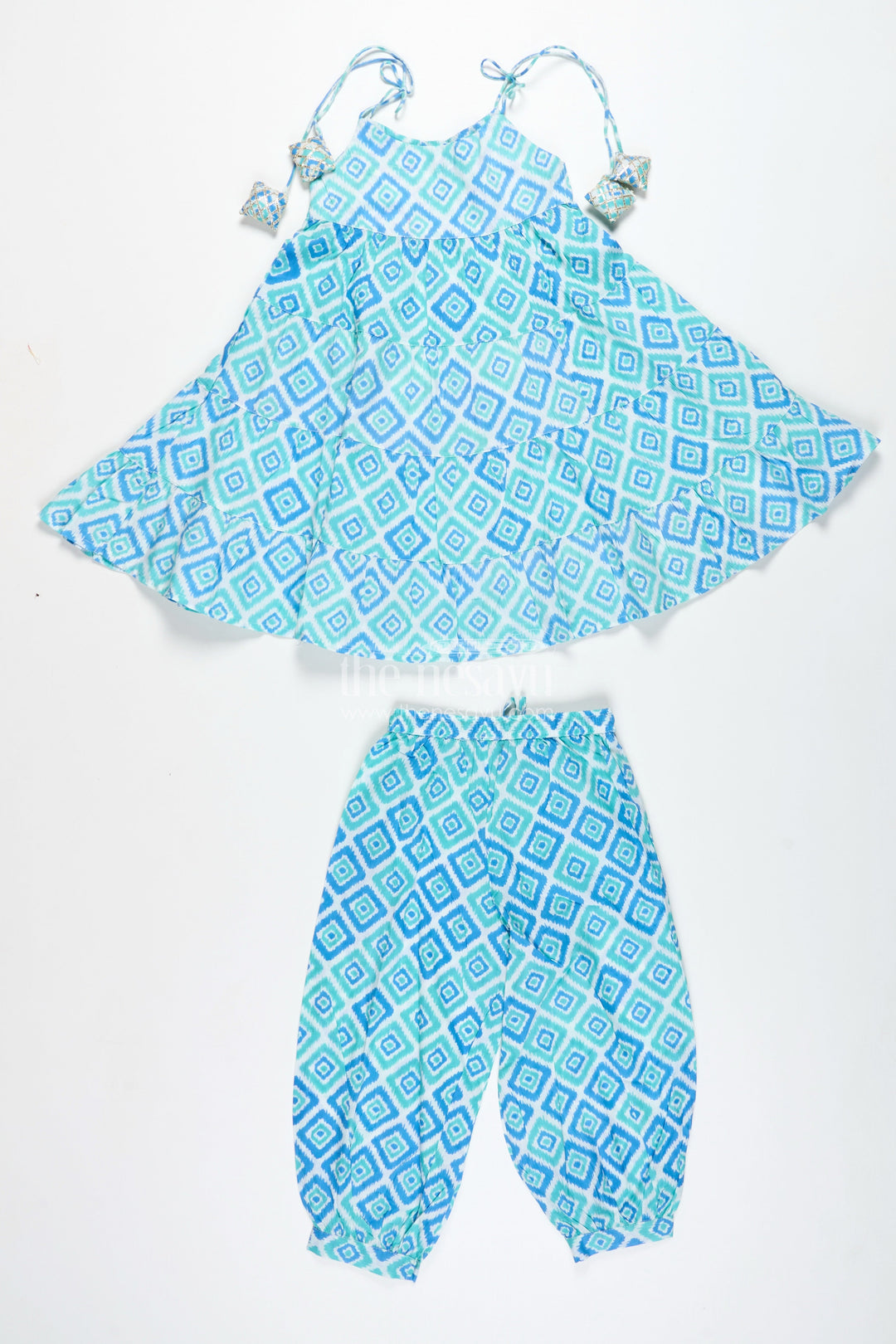 The Nesavu Girls Casual Set Girls Cotton Co-Ord Set with Blue Ikat Print for Everyday Wear Nesavu Nesavu Girls Cotton Casual Set Blue Ikat Print Halter Top Summer Fun