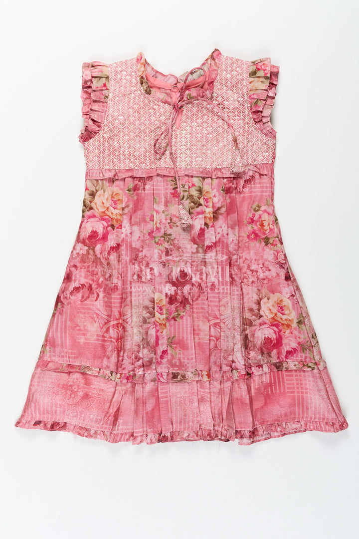 The Nesavu Girls Cotton Frock Girls Cotton Dress Frock with Ruffled Sleeves and Floral Digital Print in Deep Rose Hues Nesavu 22 (4Y) / Pink GFC1373B-22 Cotton Dress Frock for Girls with Ruffled Sleeves and Rose Floral Digital Print | The Nesavu