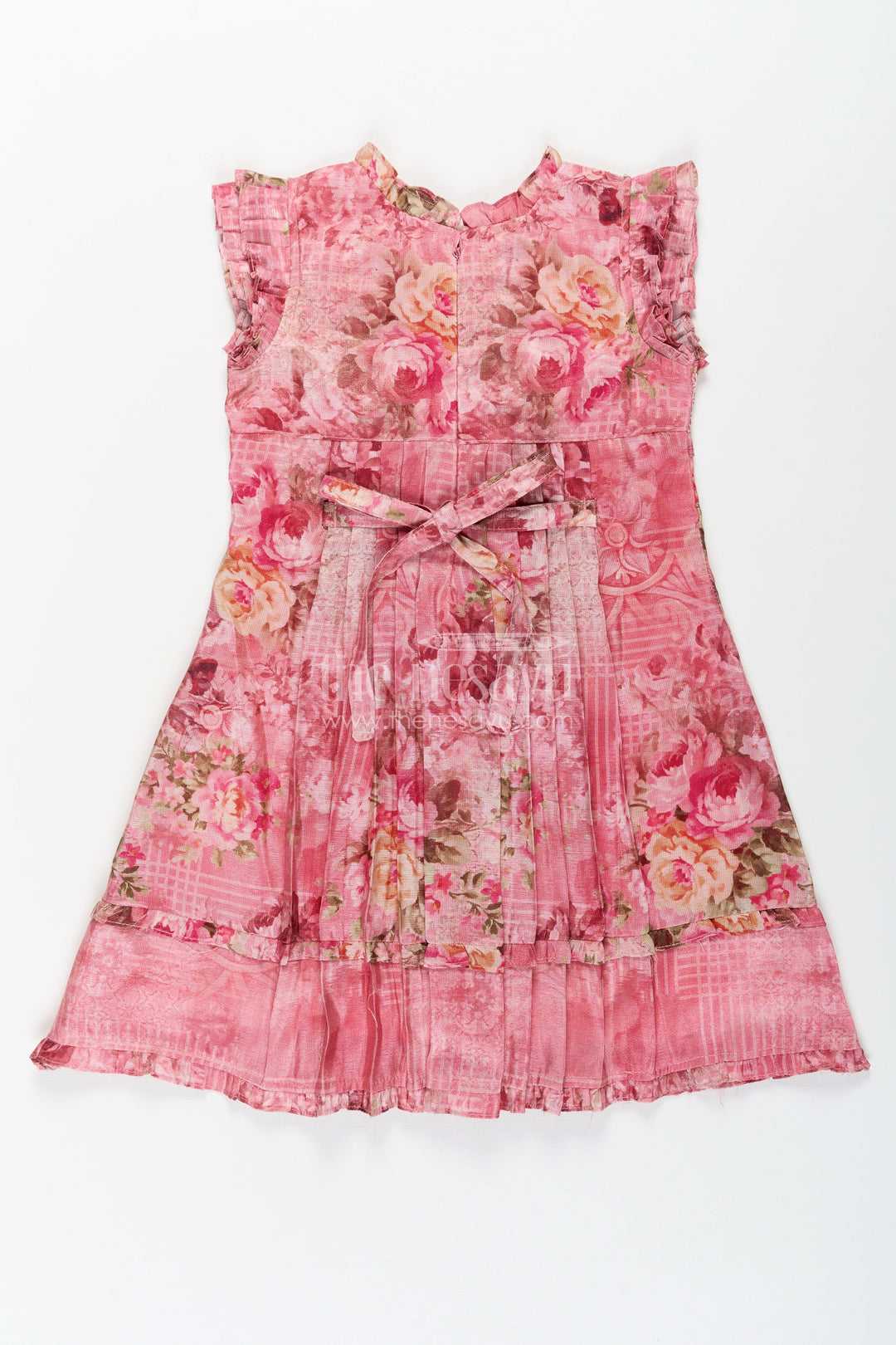 The Nesavu Girls Cotton Frock Girls Cotton Dress Frock with Ruffled Sleeves and Floral Digital Print in Deep Rose Hues Nesavu Cotton Dress Frock for Girls with Ruffled Sleeves and Rose Floral Digital Print | The Nesavu