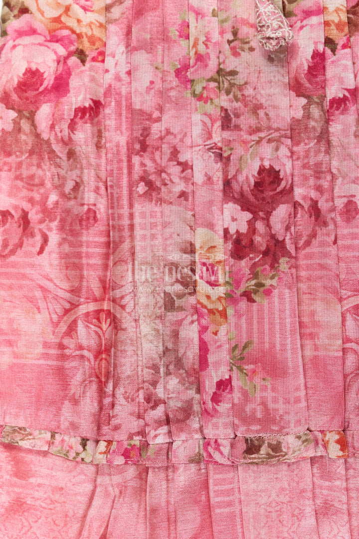 The Nesavu Girls Cotton Frock Girls Cotton Dress Frock with Ruffled Sleeves and Floral Digital Print in Deep Rose Hues Nesavu Cotton Dress Frock for Girls with Ruffled Sleeves and Rose Floral Digital Print | The Nesavu