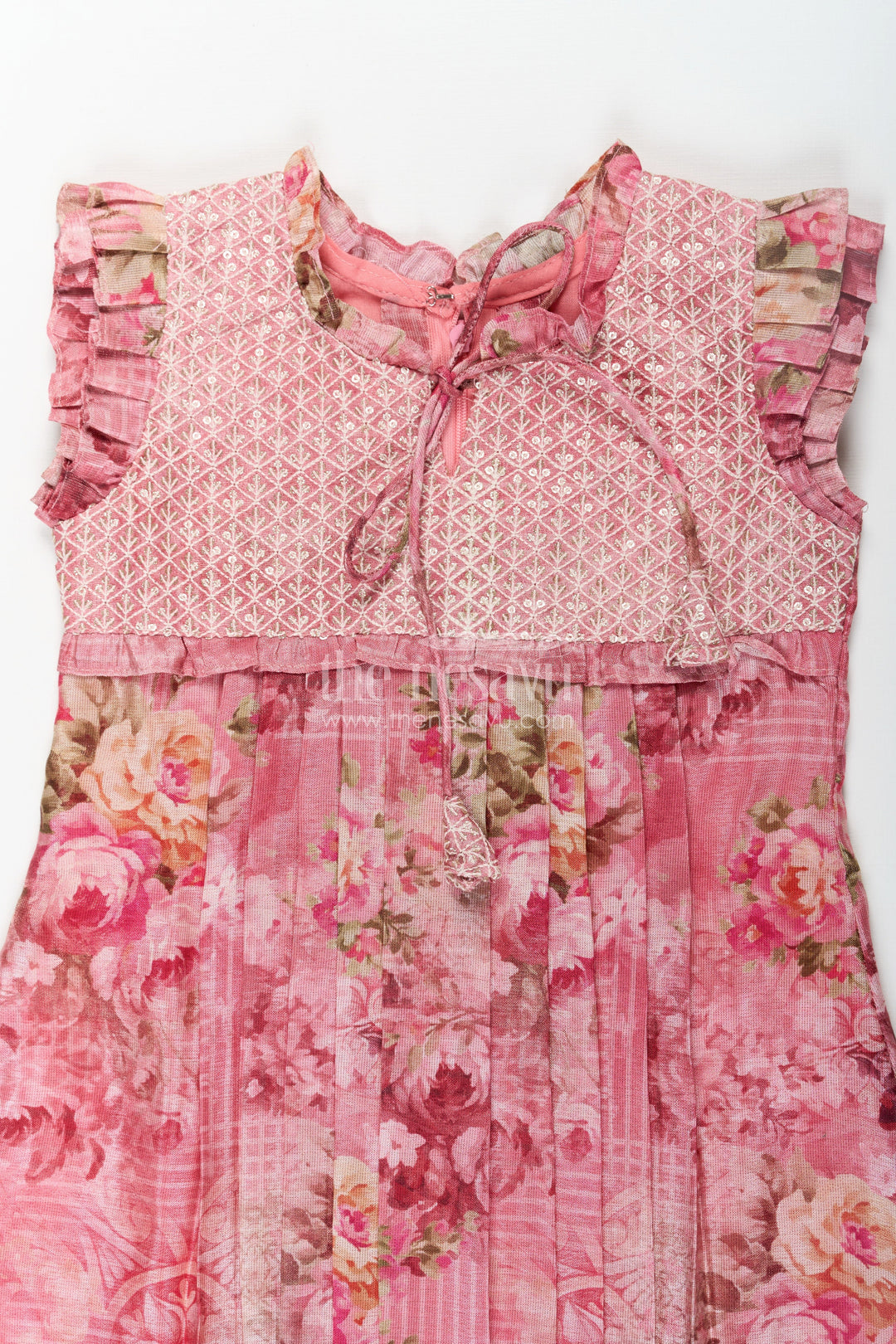 The Nesavu Girls Cotton Frock Girls Cotton Dress Frock with Ruffled Sleeves and Floral Digital Print in Deep Rose Hues Nesavu Cotton Dress Frock for Girls with Ruffled Sleeves and Rose Floral Digital Print | The Nesavu