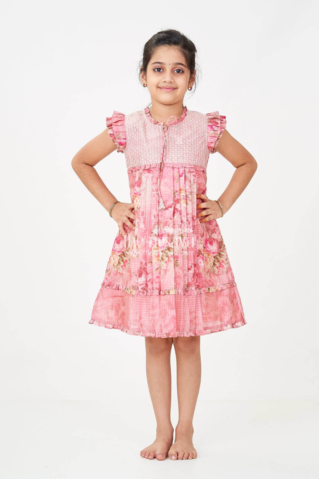 The Nesavu Girls Cotton Frock Girls Cotton Dress Frock with Ruffled Sleeves and Floral Digital Print in Deep Rose Hues Nesavu Cotton Dress Frock for Girls with Ruffled Sleeves and Rose Floral Digital Print | The Nesavu