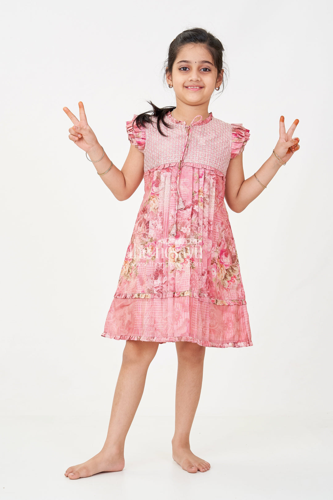 The Nesavu Girls Cotton Frock Girls Cotton Dress Frock with Ruffled Sleeves and Floral Digital Print in Deep Rose Hues Nesavu Cotton Dress Frock for Girls with Ruffled Sleeves and Rose Floral Digital Print | The Nesavu