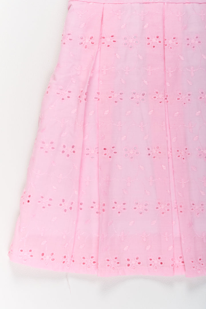 The Nesavu Girls Cotton Frock Girls Cotton Dress Short in Pink with Elegant Eyelet Detailing Nesavu Girls Cotton Short Dress Pink Eyelet Embroidery | The Nesavu