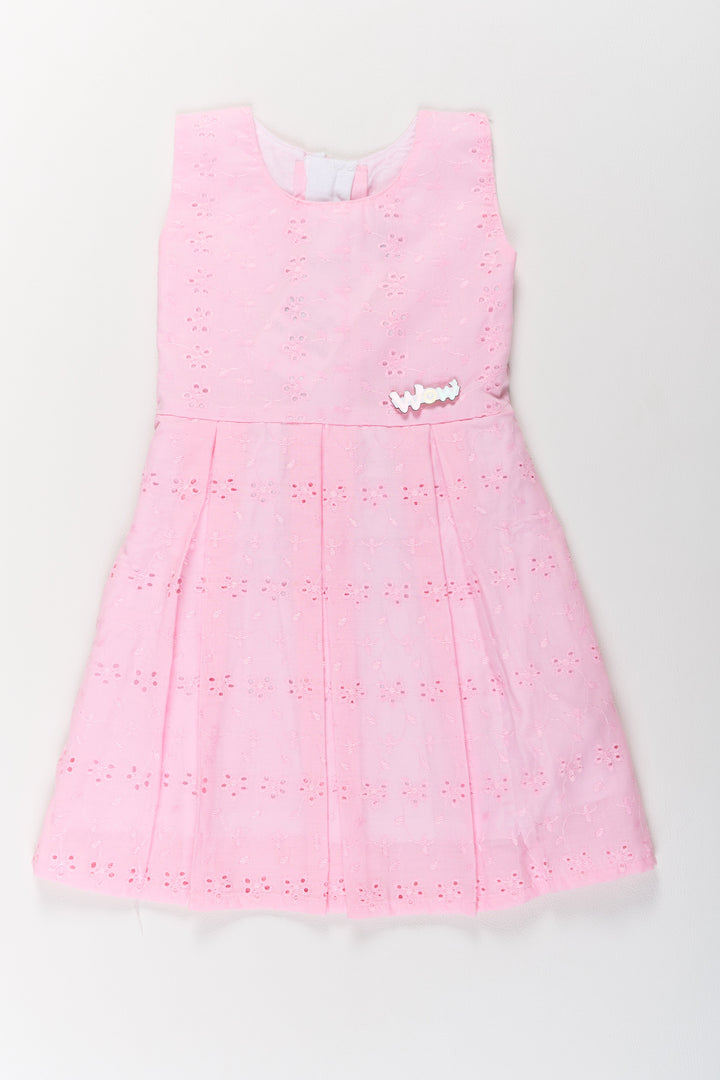 The Nesavu Girls Cotton Frock Girls Cotton Dress Short in Pink with Elegant Eyelet Detailing Nesavu Girls Cotton Short Dress Pink Eyelet Embroidery | The Nesavu
