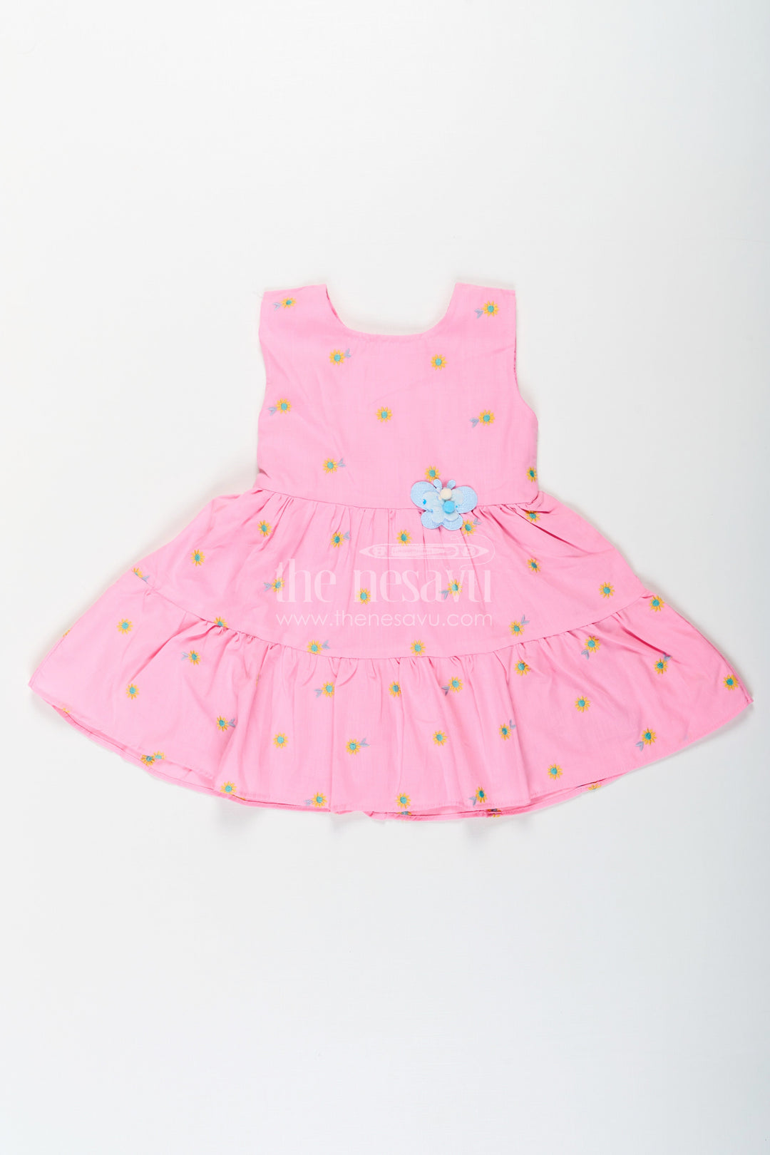 The Nesavu Baby Cotton Frocks Girls Cotton Embroidered Cinderellas Pink Dress with Ruffled Hem and Daisy Motifs Nesavu 14 (6M) / Pink BFJ751A-14 Girls Cinderellas Pink Dress Daisy Embroidery Ruffled Hem Cotton Fabric | The Nesavu