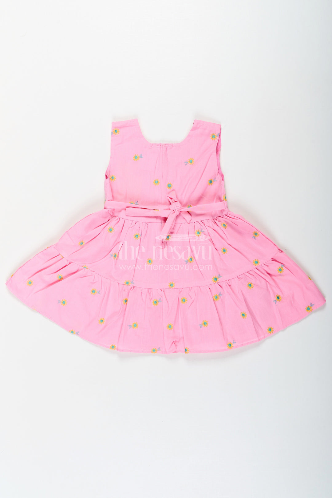 The Nesavu Baby Cotton Frocks Girls Cotton Embroidered Cinderellas Pink Dress with Ruffled Hem and Daisy Motifs Nesavu Girls Cinderellas Pink Dress Daisy Embroidery Ruffled Hem Cotton Fabric | The Nesavu