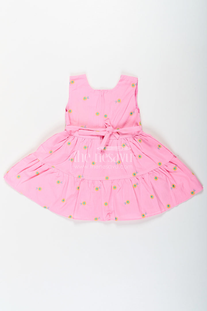 The Nesavu Baby Cotton Frocks Girls Cotton Embroidered Cinderellas Pink Dress with Ruffled Hem and Daisy Motifs Nesavu Girls Cinderellas Pink Dress Daisy Embroidery Ruffled Hem Cotton Fabric | The Nesavu
