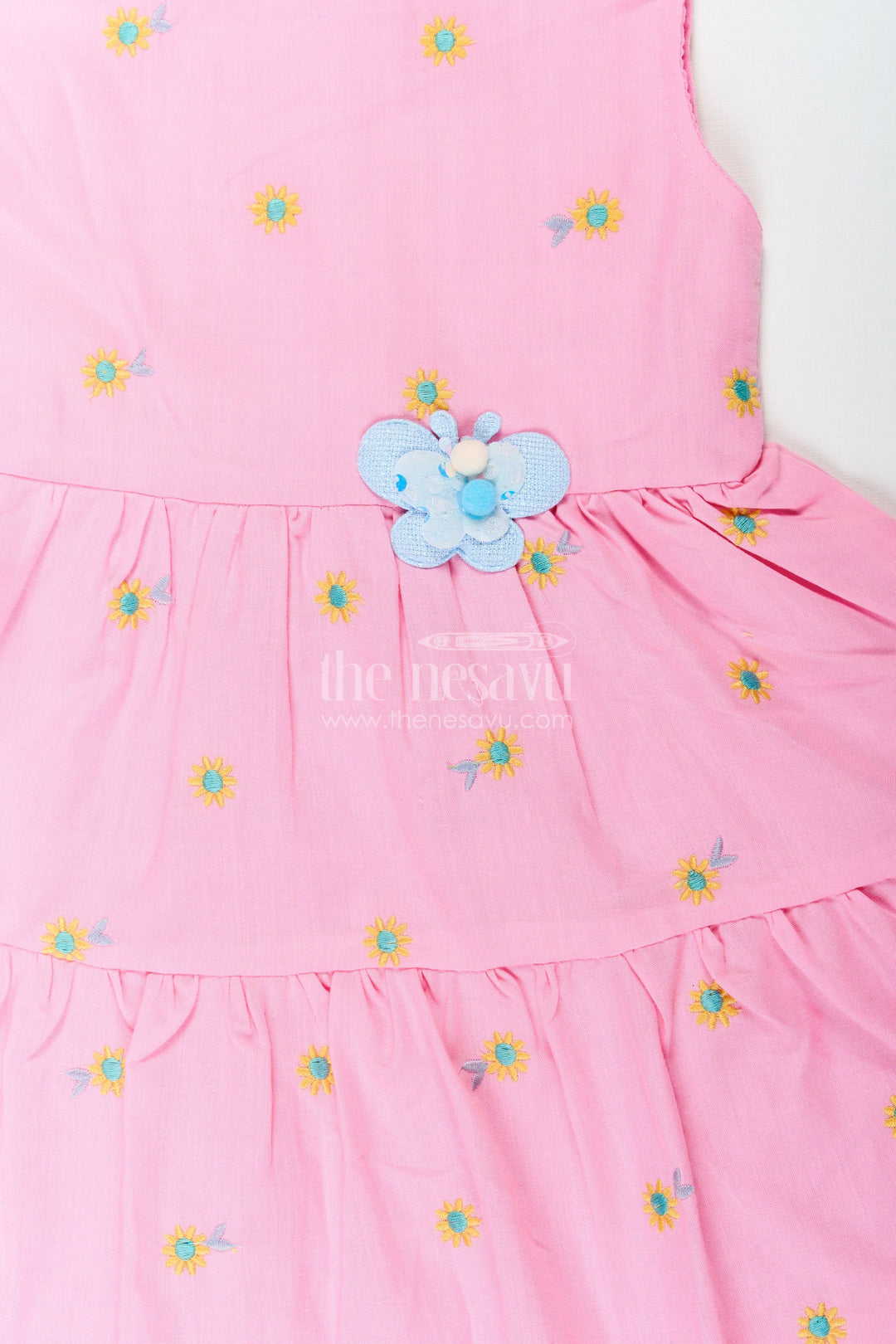 The Nesavu Baby Cotton Frocks Girls Cotton Embroidered Cinderellas Pink Dress with Ruffled Hem and Daisy Motifs Nesavu Girls Cinderellas Pink Dress Daisy Embroidery Ruffled Hem Cotton Fabric | The Nesavu