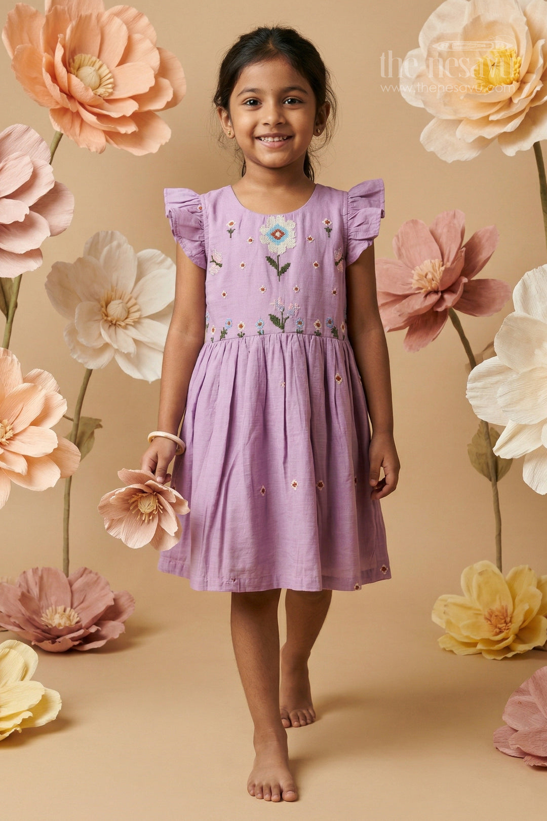 The Nesavu Girls Cotton Frock Girls Cotton Embroidered Frock for Casual and Festive Wear Nesavu 20 (3Y) / Purple / Cotton GFC2170A-20 Nesavu girls purple cotton frock with thread embroidery for casual and festive wear