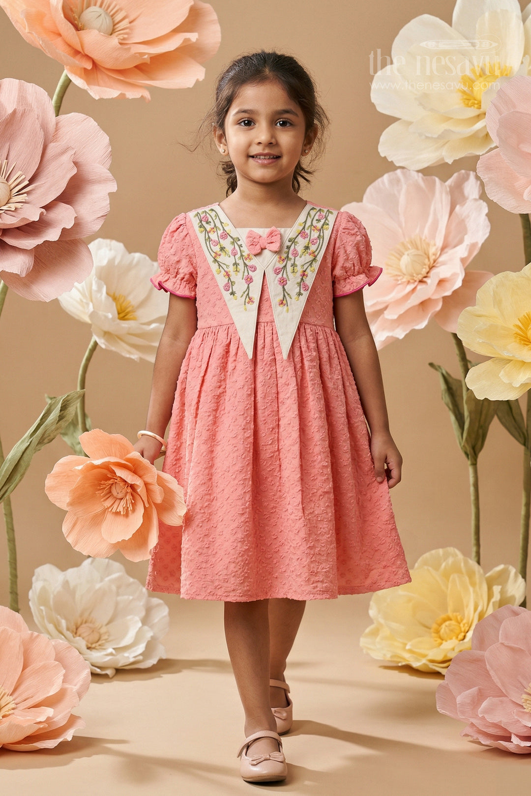The Nesavu Girls Cotton Frock Girls Cotton Embroidered Frock for Festive Outings and Joyful Celebrations Nesavu 18 (2Y) / Peach / Cotton GFC2159A-18 Nesavu Girls Cotton Embroidered Frock With Decorative Yoke For Festive Celebrations
