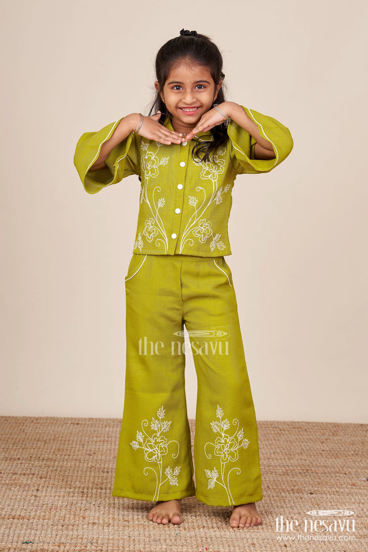 The Nesavu Girls Co-Ord Sets Girls Cotton Embroidery Plazo Set for Ethnic Day and Festivals Nesavu 18 (2Y) / Green GPS726B-18 Nesavu girls cotton embroidered plazo set ethnic day festive dressing