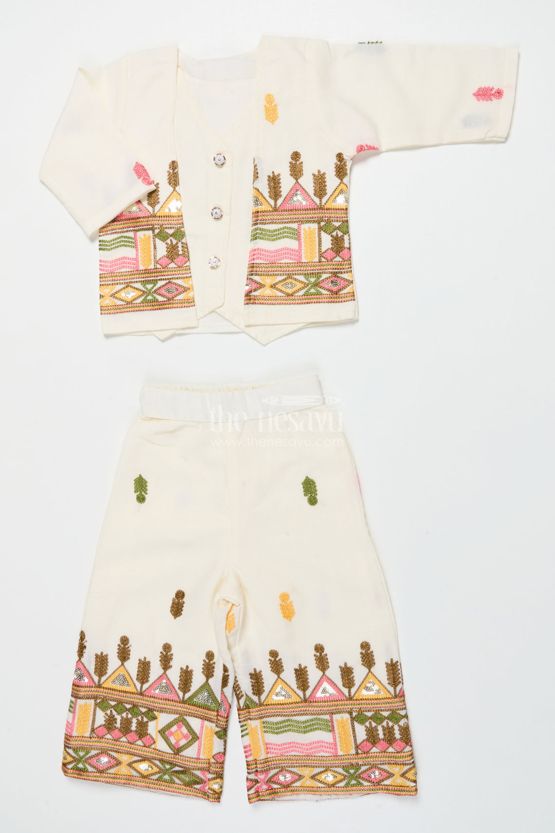 The Nesavu Girls Casual Set Girls Cotton Ethnic Set with Embroidered Jacket for Traditional Functions Nesavu 18 (2Y) / Cream GPS887A-18 Nesavu girls cotton kurta set embroidered jacket festive events cultural gatherings