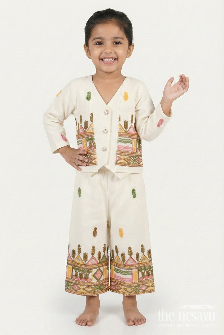 The Nesavu Girls Casual Set Girls Cotton Ethnic Set with Embroidered Jacket for Traditional Functions Nesavu 18 (2Y) / Cream GPS887A-18 Nesavu girls cotton kurta set embroidered jacket festive events cultural gatherings